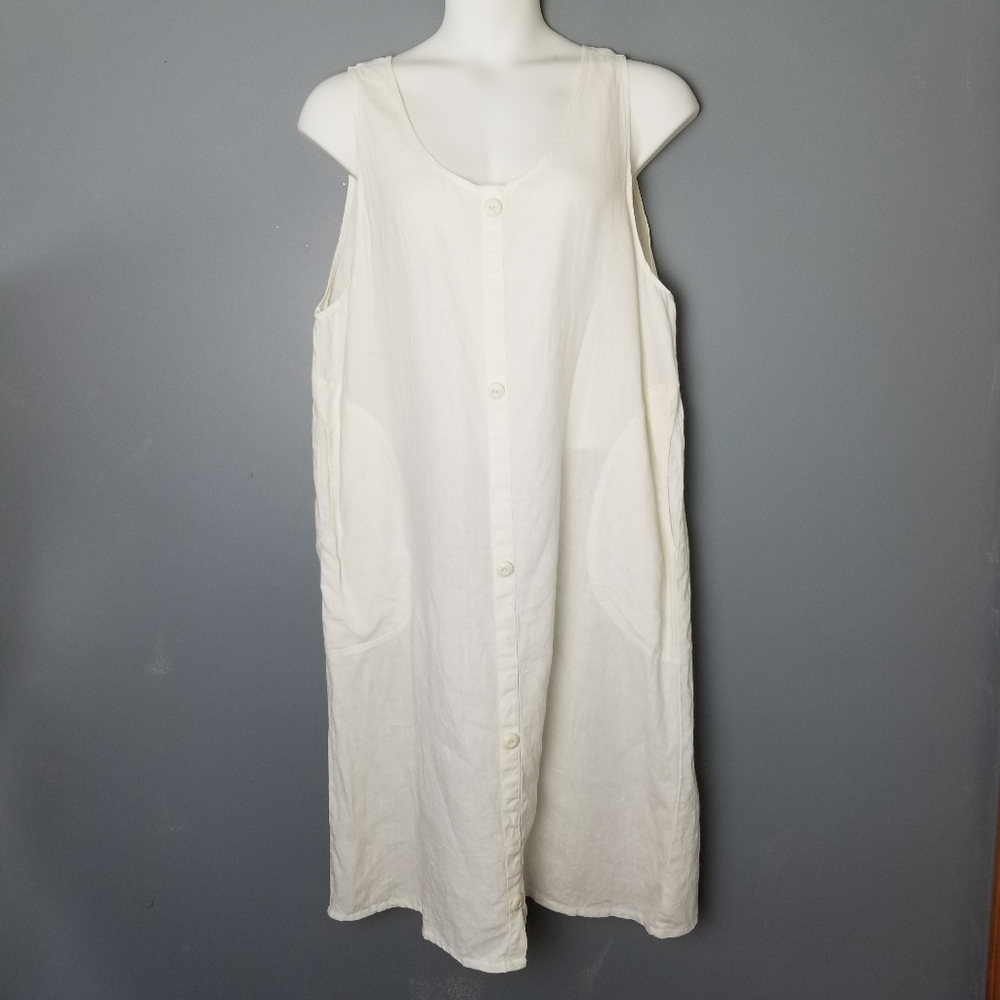 Flax Angelheart Linen Midi Dress Ivory Sleeveless Pockets Lagenlook Size Large